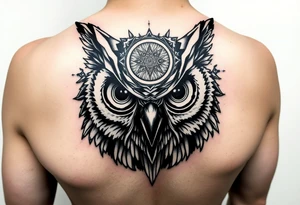 Owl head with large intense tripping on acid colored eyes without pupils, cyberpunk style  and geometry and glowing circle on the forheadl tattoo idea