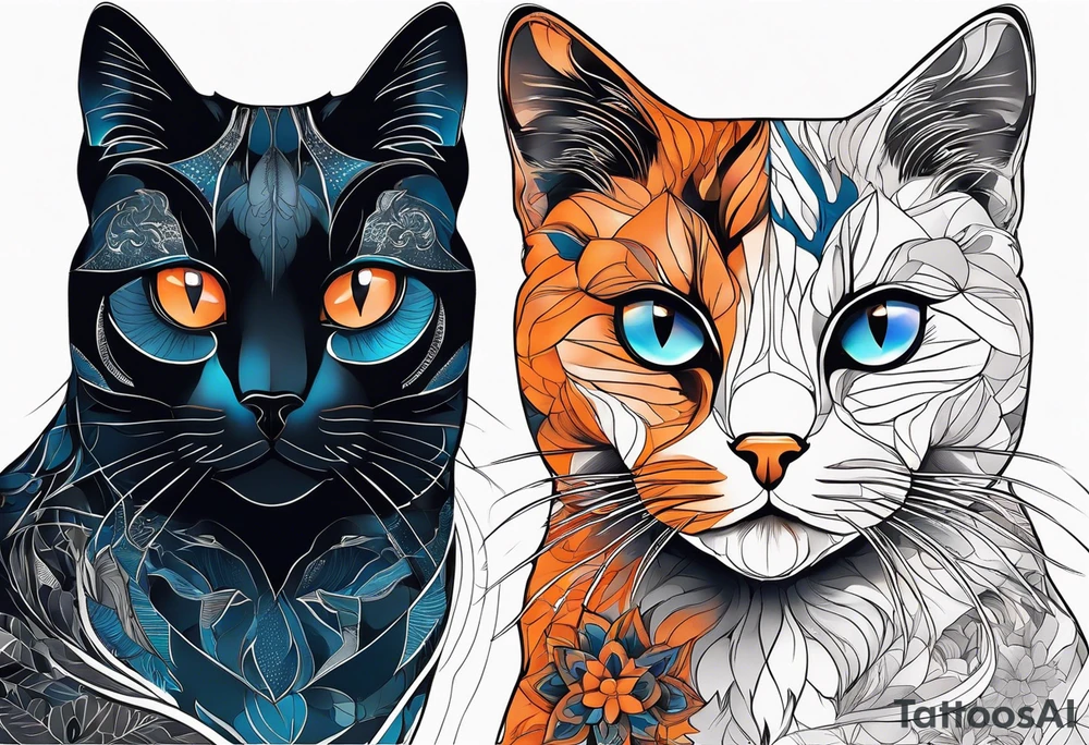 A white blue eye cat an black cat with brown eyes and an orange and white cat with browneyes tattoo idea