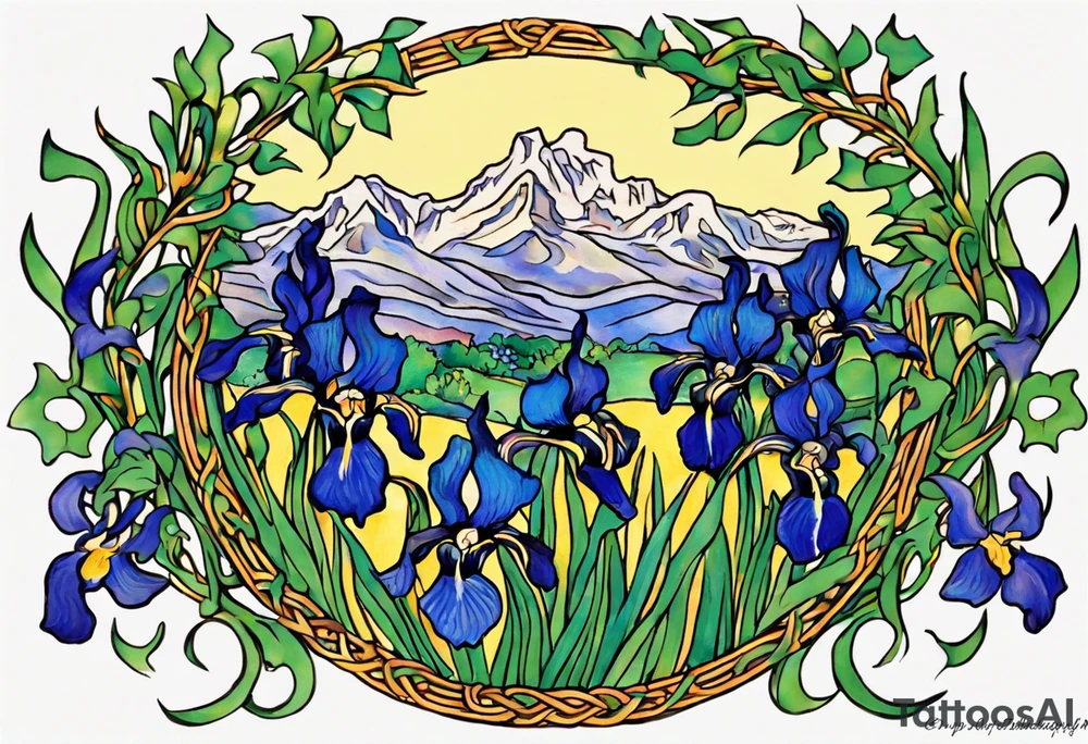 Create a small colorful Vincent van Gogh Irises tattoo in the form of a crescent, with vines or Celtic knots gracefully intertwining at a central point in the middle of the wreath.  In the middle of the wreath are mountains and other items found in New Mexico. Ensure that the design avoids the appearance of a bush and maintains a more structured and deliberate arrangement. The intended placement is on the upper chest. The overall design should be small in size while maintaining a delicate and artistic aesthetic. Pay attention to the graceful flow of the vines and the placement of the irises to achieve a refined and elegant look. tattoo idea