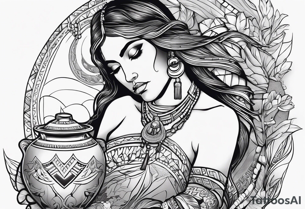 Aquarius water barrer she has a roman pot she is filling with water by a water fall she is native American dark eyes,tattoos her body covered with a silky material and her beauty is blinding tattoo idea