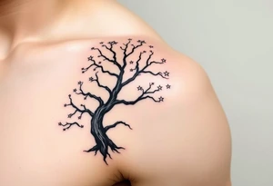 Flowing asymmetrical symbolic tree quarter sleeve on shoulder that extends down arm and onto back and chest. Bold and simple branches that do not look realistic. Tree of gondor with seven stars tattoo idea
