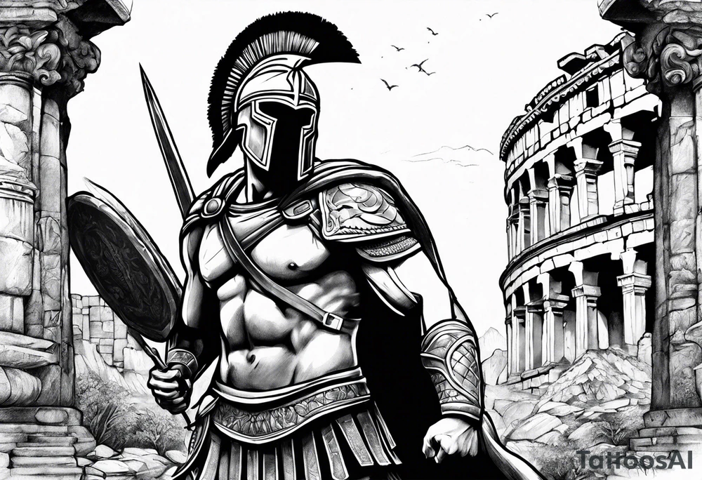 Spartan solider with Ancient ruins all around tattoo idea