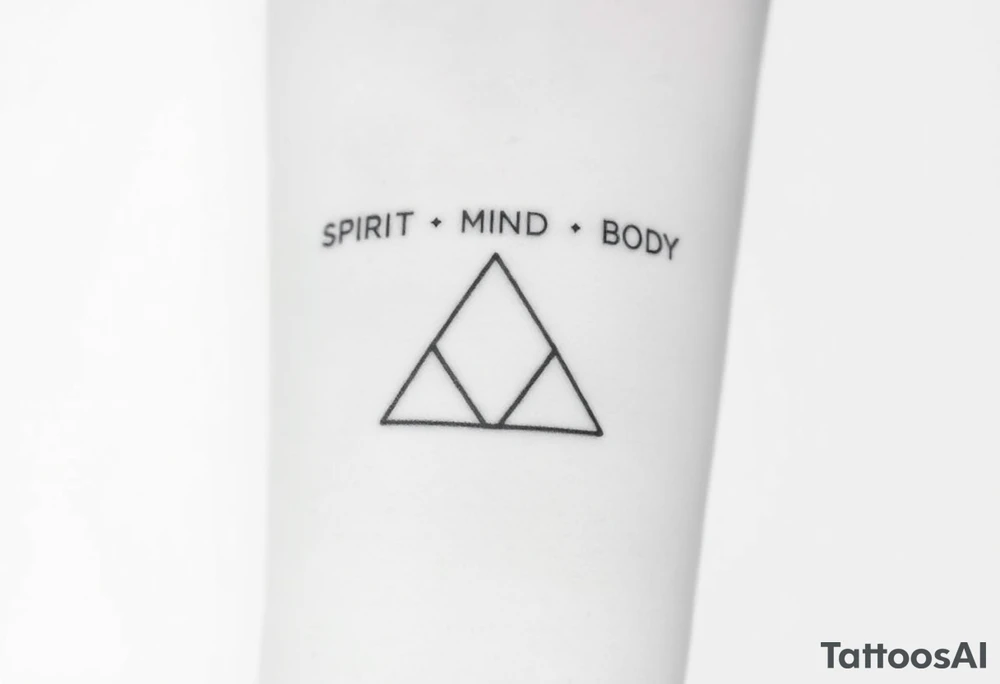 A minimalist tattoo of three interlocking triangles arranged in a way that forms a geometric symbol. Each triangle is thinly outlined and overlaps slightly. Above the design, the words 'SPIRIT,' 'MIND,' and 'BODY' are written in simple font, representing the connection between these three concepts. The tattoo is located on the inner forearm and is drawn in black ink on a light skin tone background. Without text!
three full triangles


Without text!
Without text!
Without text! tattoo idea