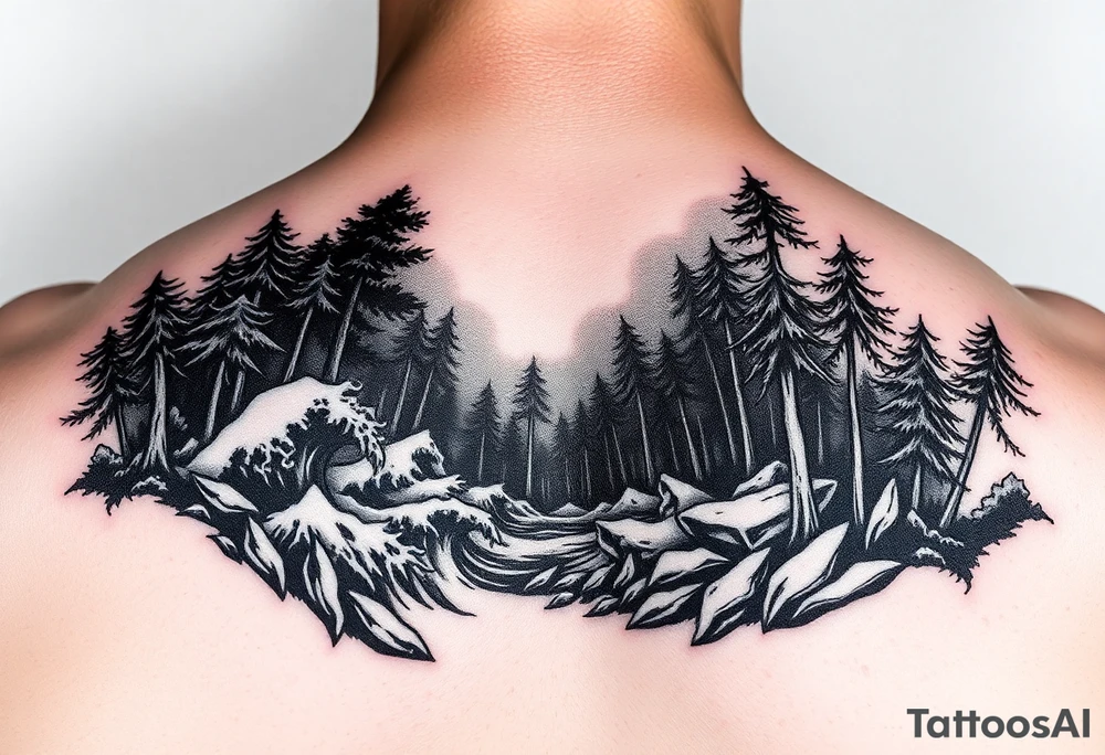 powerful ocean and forrest with rainy louds with lighting tattoo idea