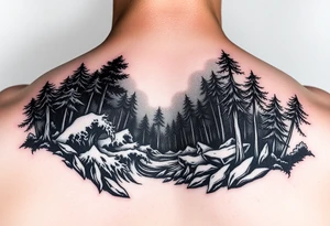 powerful ocean and forrest with rainy louds with lighting tattoo idea