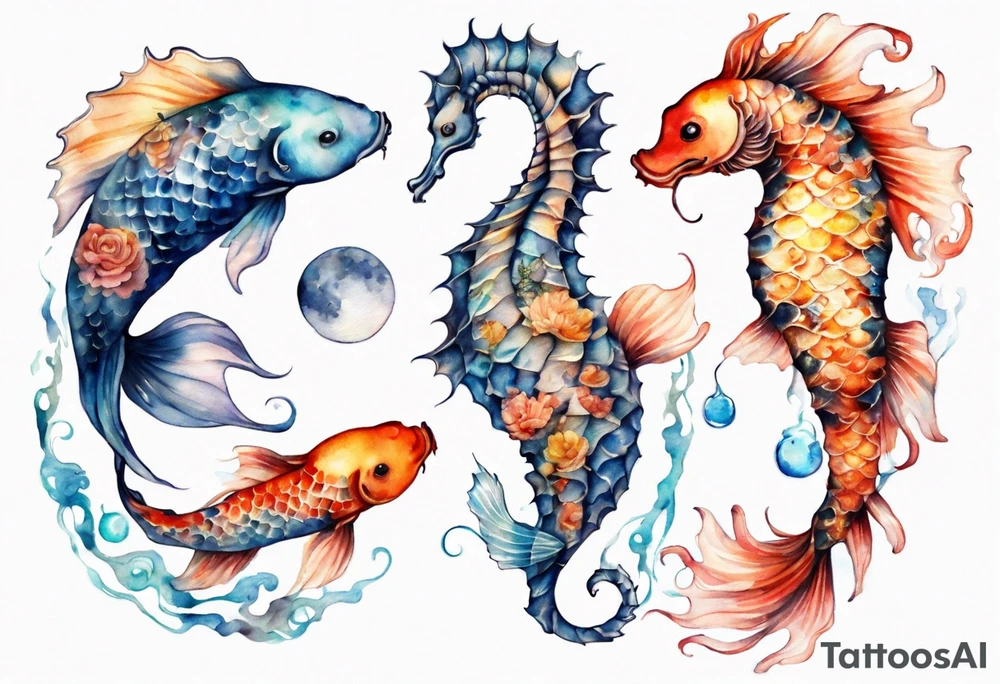 koi carp, jellyfish and a seahorse with the moon together tattoo idea