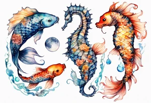 koi carp, jellyfish and a seahorse with the moon together tattoo idea