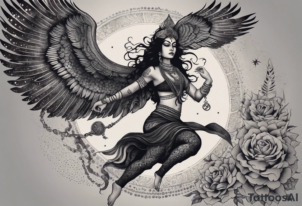 black kali, goddess pirate, alien, angel, pachamama, valkrye, warrior, flying, skull, lotus azul, wing, eagle, zenza resonance, stars, 5D, anahata chakra, death, durga, riding on a tiger, flying lady, kundalini, chest tatoo, samuri, rebel,serpent tattoo idea