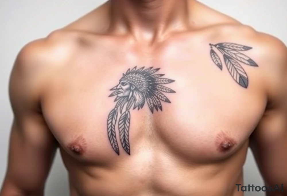 Native American chest color male left peck tattoo idea