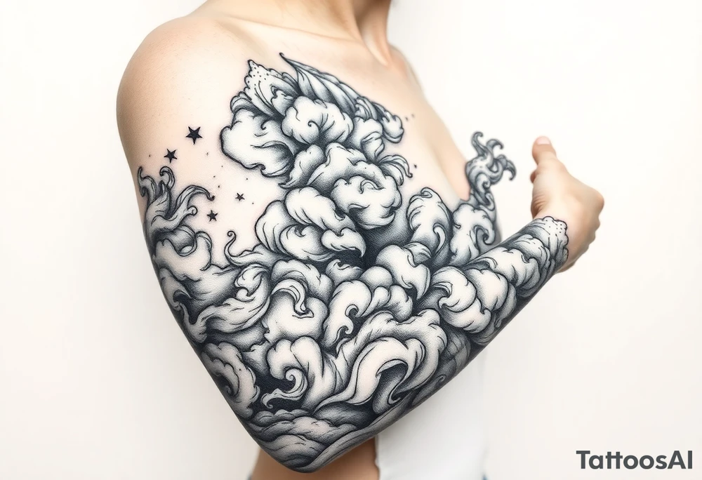 Celestial swirling tumultuous intergalactic space clouds daintily flowing like light wispy smoke tattoo idea