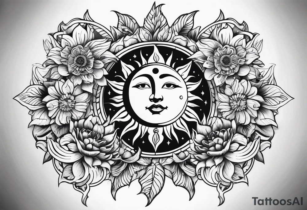 sun moon floral no shading or shadowing tattoo idea