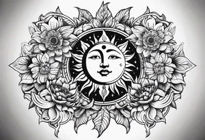 sun moon floral no shading or shadowing tattoo idea