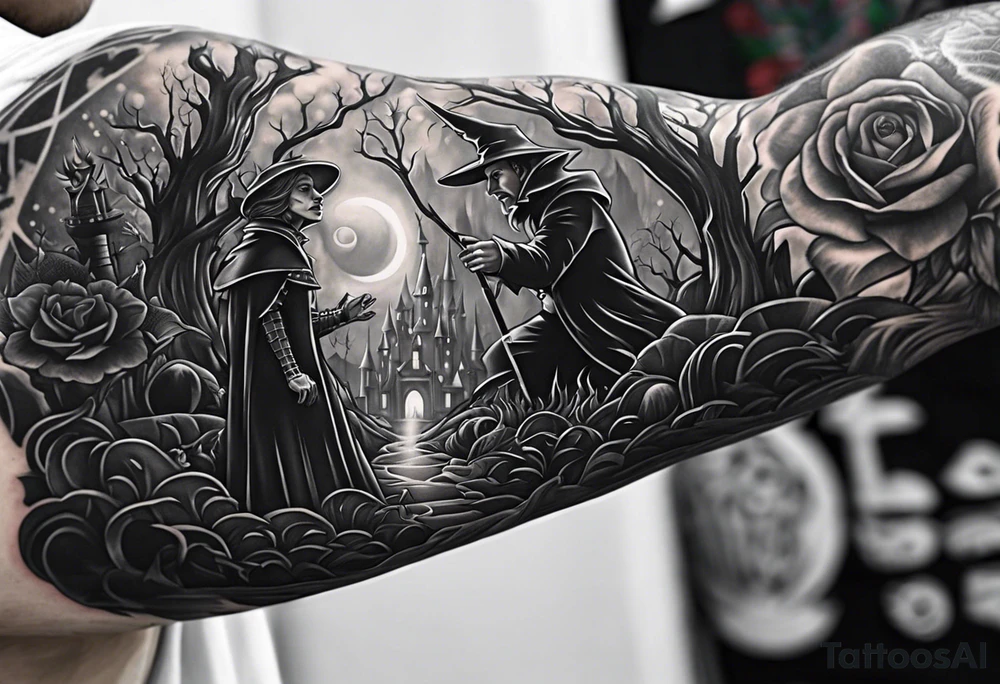 full arm sleeve very dark wizard of oz tattoo idea