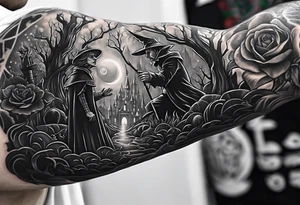 full arm sleeve very dark wizard of oz tattoo idea