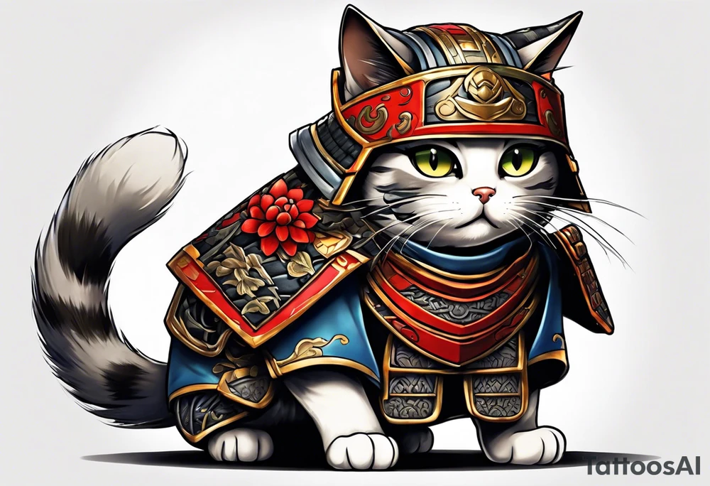 Full body of a cat in samurai armor tattoo idea
