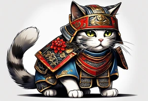 Full body of a cat in samurai armor tattoo idea