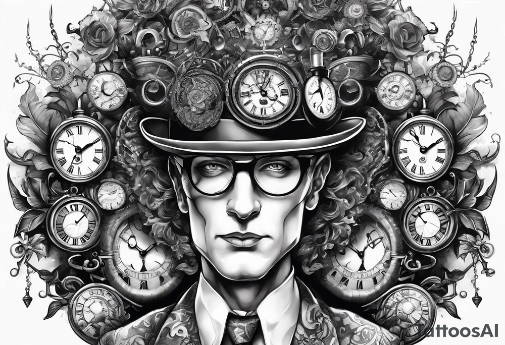 a mad scientist with a head piece made of clocks tattoo idea