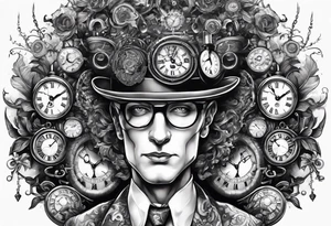 a mad scientist with a head piece made of clocks tattoo idea