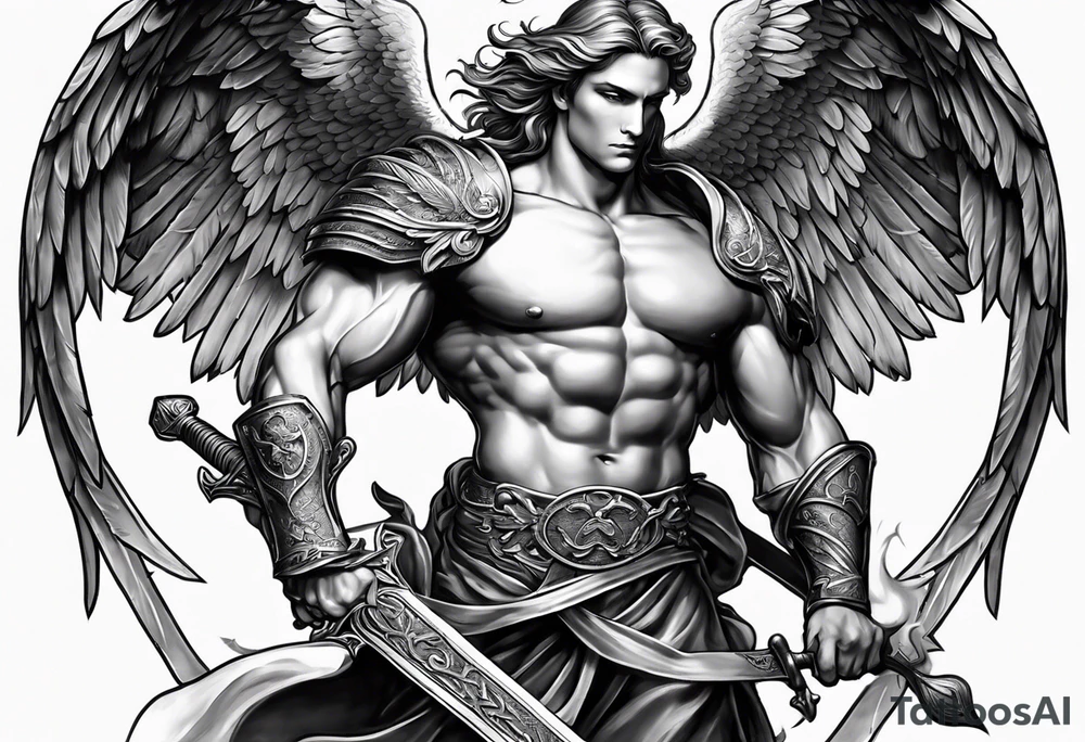 Male American guardian angel with a sword and angel from hell combined together tattoo idea