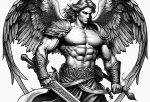 Male American guardian angel with a sword and angel from hell combined together tattoo idea