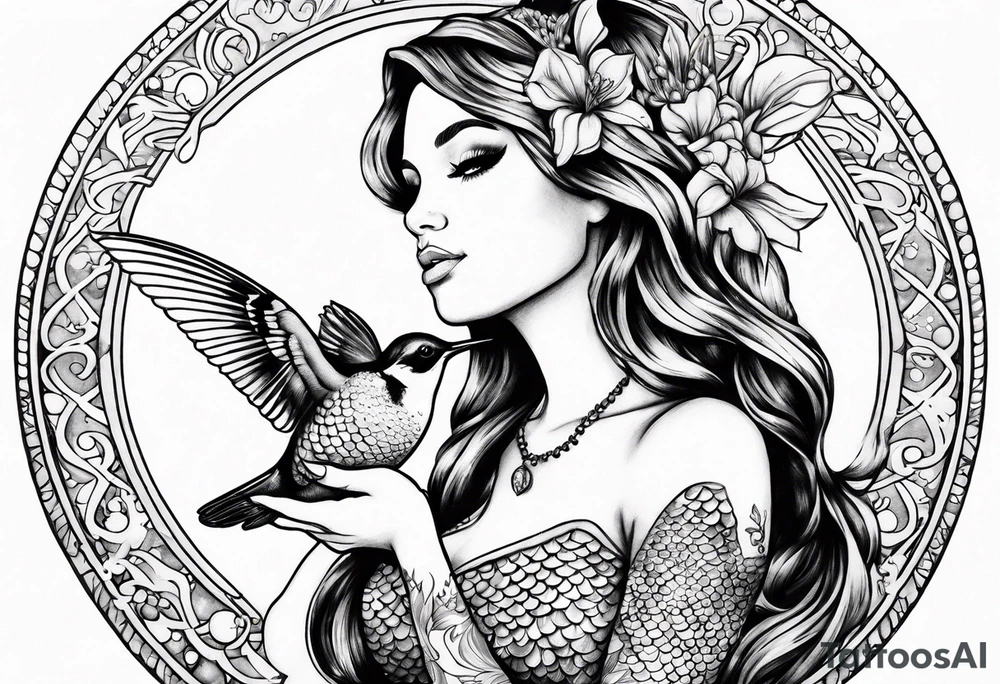Mermaid holding hummingbird tattoo idea