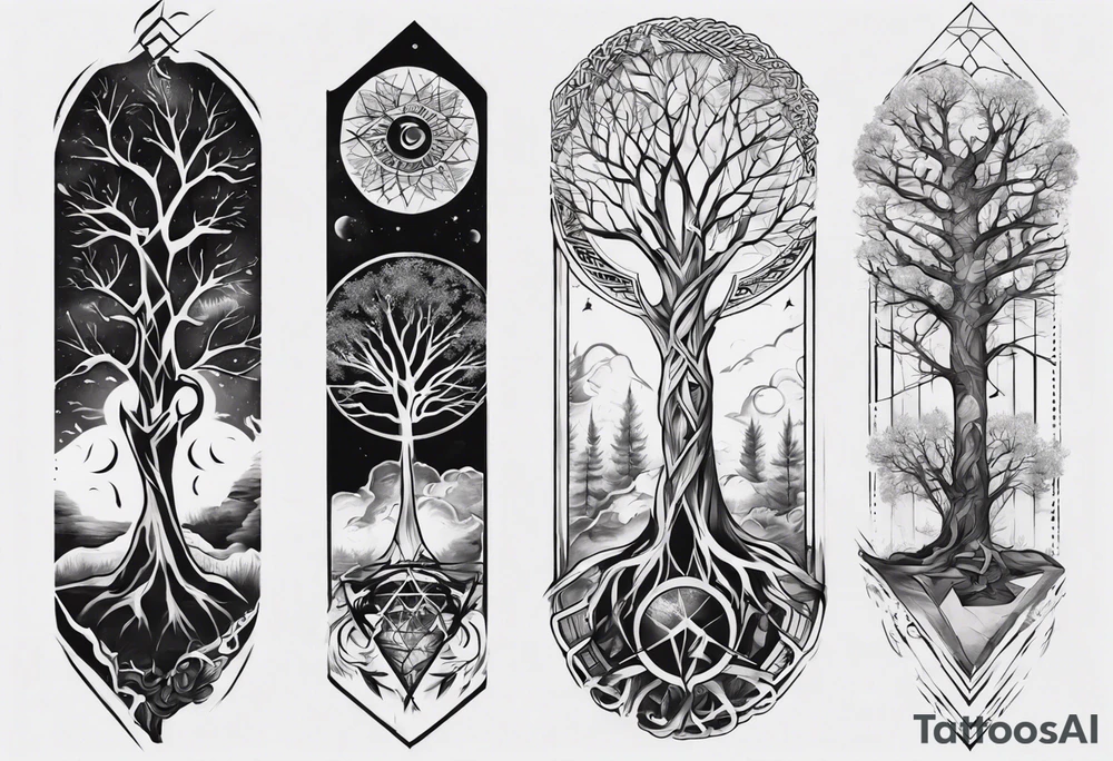 full arm sleeve tattoo with tree of life tattoo idea