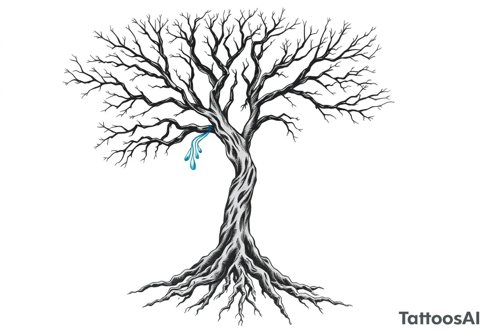Black and white deciduos Tree with roots. Blue water inside the whole tree like many thin veins, flows from the brunches to the roots tattoo idea