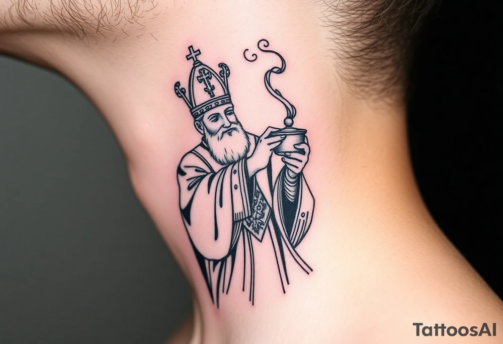 Russian Orthodox Priest in a fully detailed gold vestment swinging a censer with smoke curling upward tattoo idea