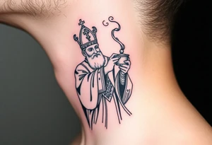 Russian Orthodox Priest in a fully detailed gold vestment swinging a censer with smoke curling upward tattoo idea