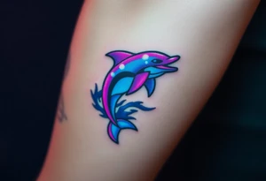 A pixelated dolphin emerging from digital waves, with cyberpunk hues of neon blue and purple tattoo idea