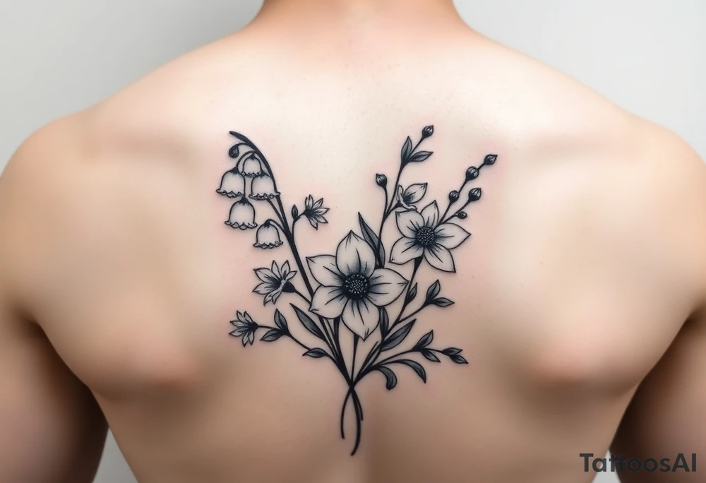 Minimalist design in black bunch of flowers 1 lily of the valley 1 daffodil 1 holly 1 larkspur tattoo idea