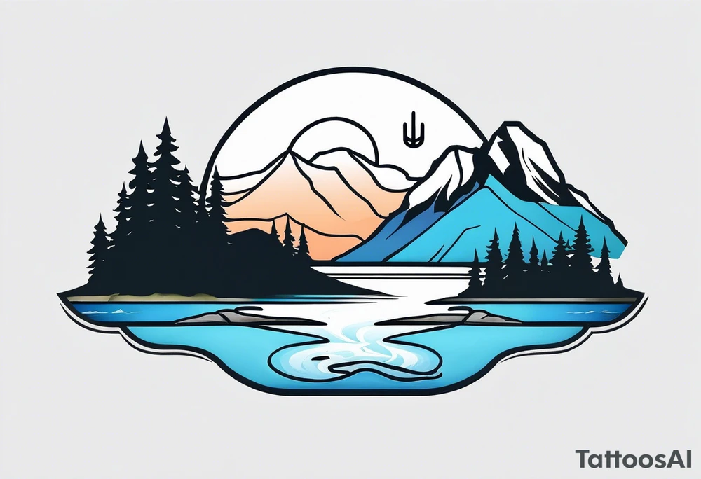 Mountain scene with a river with a subtle peace sign. Use IT IS WELL written in the scene tattoo idea