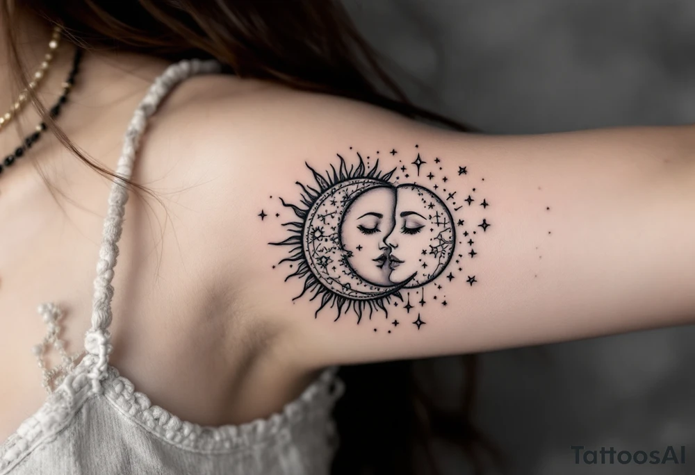 celestial sun and moon embrace with constellation patterns tattoo idea