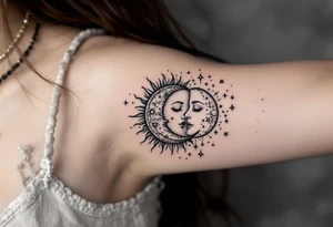 celestial sun and moon embrace with constellation patterns tattoo idea