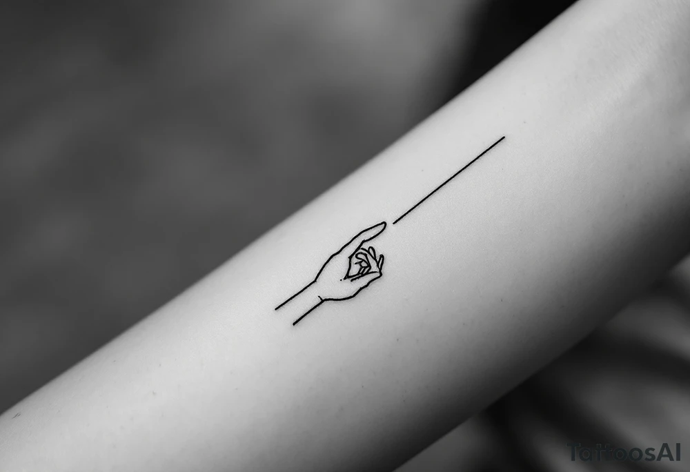 Minimalistic black line tattoo of a simple hand outline reaching toward a thin ray of light, clean and abstract design tattoo idea