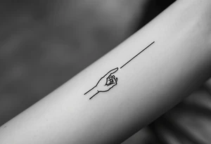 Minimalistic black line tattoo of a simple hand outline reaching toward a thin ray of light, clean and abstract design tattoo idea