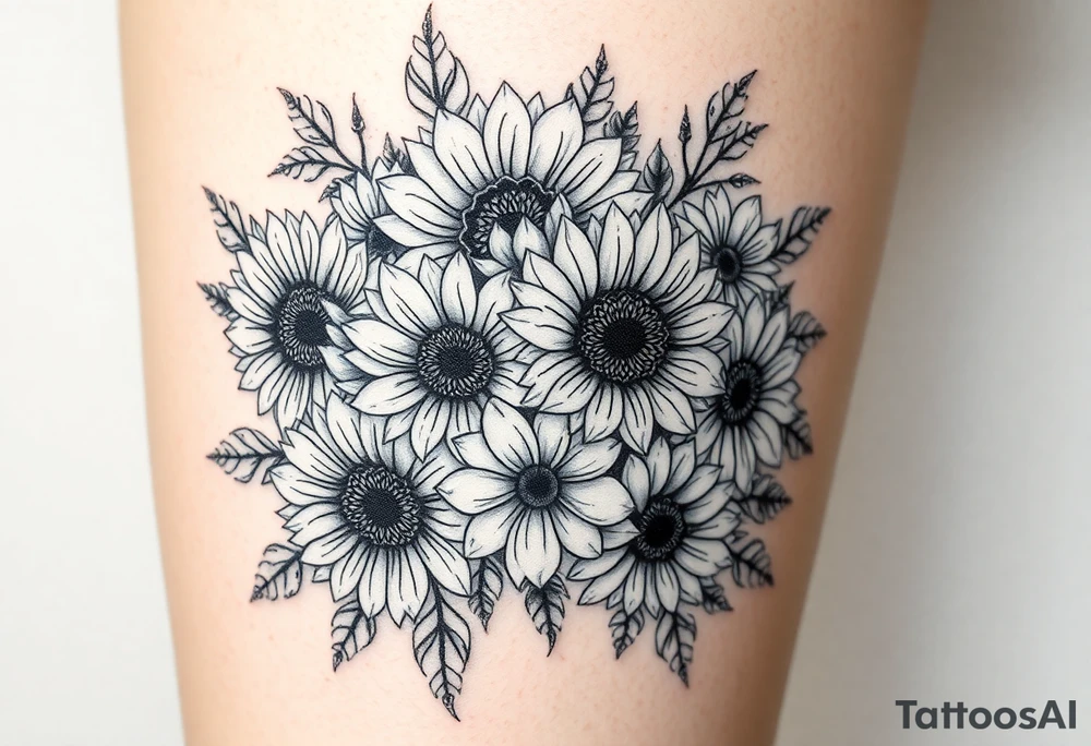 Bouquet of sunflowers, water Lillies, dahlias, marigolds, carnations, hydrangeas, daisys, and chrysanthemums tattoo idea