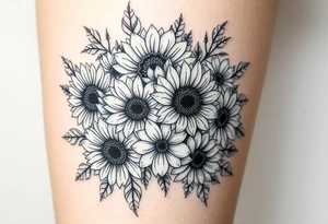 Bouquet of sunflowers, water Lillies, dahlias, marigolds, carnations, hydrangeas, daisys, and chrysanthemums tattoo idea