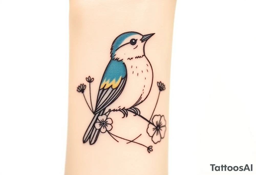 Puffy bluebird surrounded by wild flowers tattoo idea
