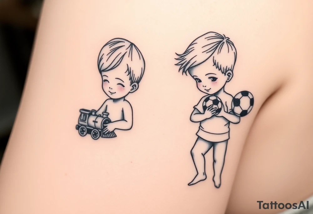 two small boys with a small train toy and a small football toy. tattoo idea