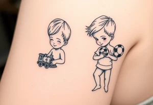 two small boys with a small train toy and a small football toy. tattoo idea