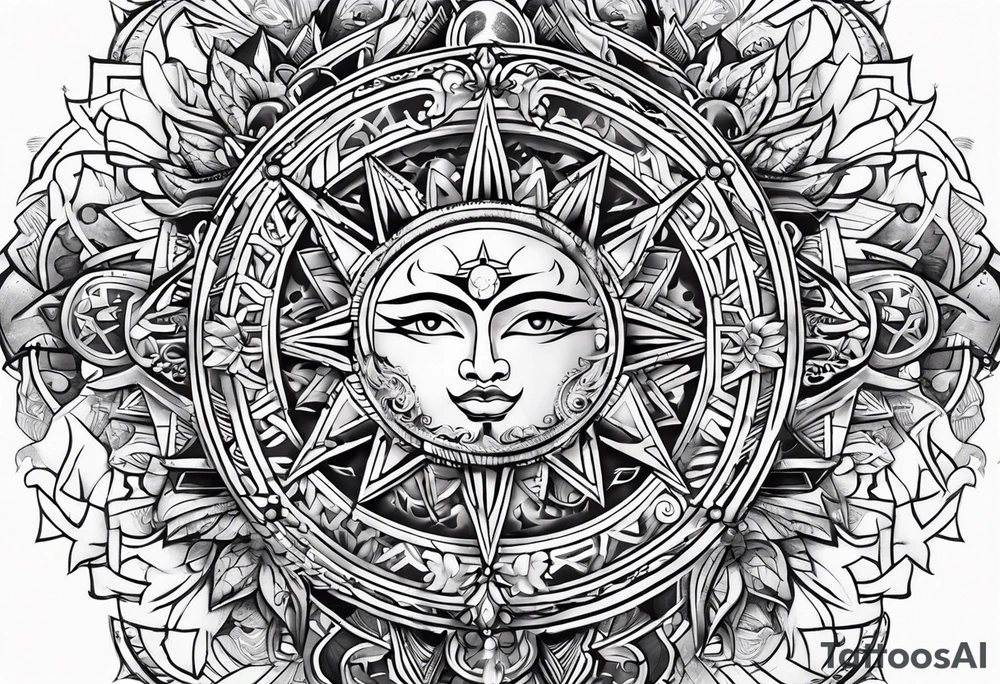 Sun in the middle with warrior symbols around it tattoo idea