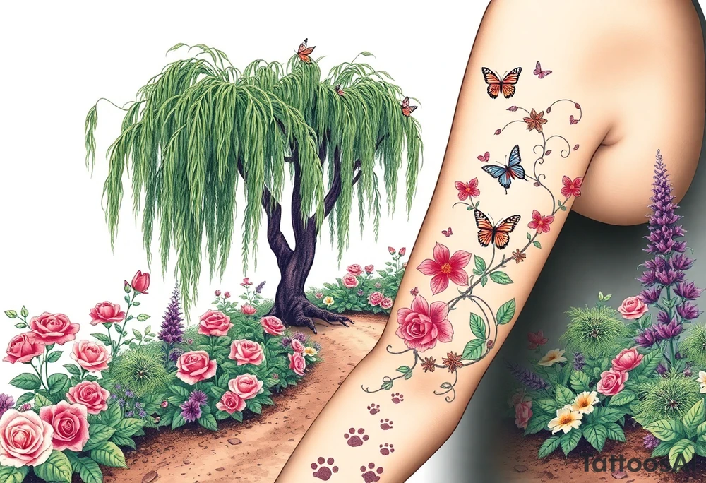 weeping willow garden with roses and liles flower beds. fantasy creatures, fairies, mermiads, dragons butterflies,  cat paw prints path in dirt. tattoo idea