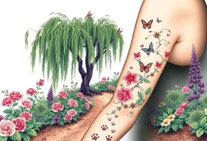 weeping willow garden with roses and liles flower beds. fantasy creatures, fairies, mermiads, dragons butterflies,  cat paw prints path in dirt. tattoo idea