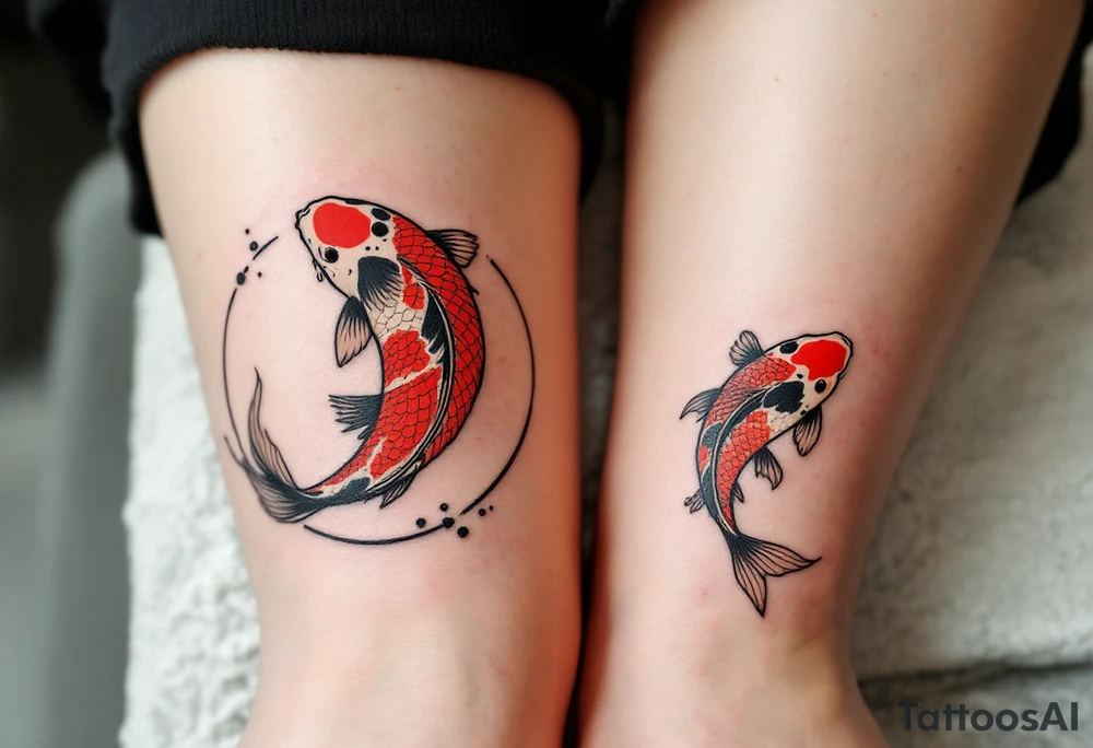 Two red and black koi fish swimming in a circle, the first tattoo larger on the calf, and the second smaller on the ankle. tattoo idea