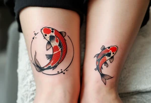 Two red and black koi fish swimming in a circle, the first tattoo larger on the calf, and the second smaller on the ankle. tattoo idea