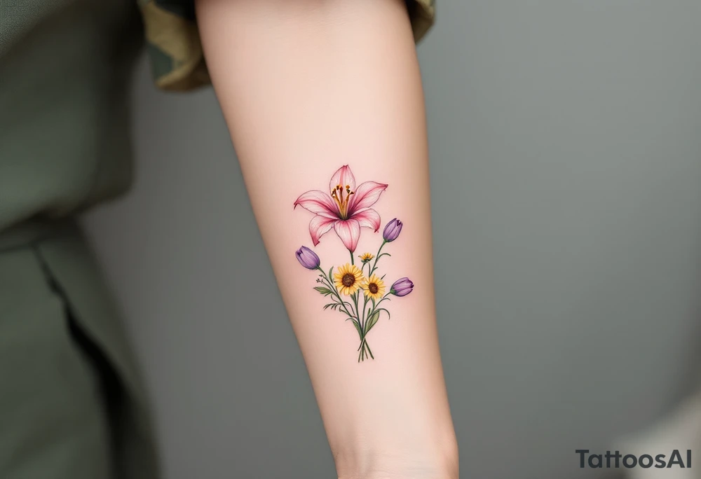 Dainty Stargazer lillies pale pink with small yellow sunflowers and pale purple tulip buds in a dainty wildflower bouquet with light green stems tattoo idea