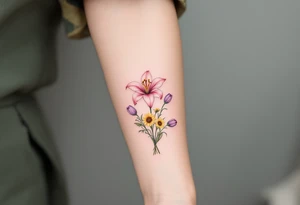 Dainty Stargazer lillies pale pink with small yellow sunflowers and pale purple tulip buds in a dainty wildflower bouquet with light green stems tattoo idea