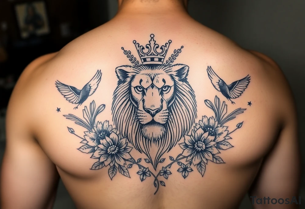 powerful majestic lion with a crown, surrounded by floral ornaments and birds tattoo idea