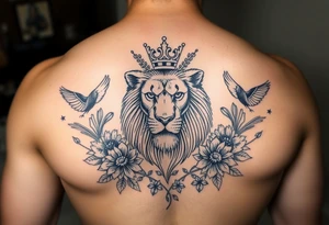 powerful majestic lion with a crown, surrounded by floral ornaments and birds tattoo idea